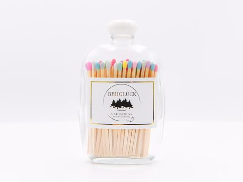 REHGLÜCK Schwarzwald, Botella decorativa llena de aproximadamente 80 fósforos de 10 cm de largo (botella de bolsillo con tapa blanca - cerillas: cuerpo de color madera - cabezas de colores)