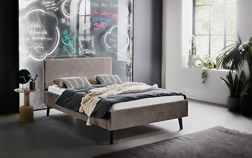 Polsterbett Avola 140 x 200 cm mit Kopfteil glatt & Stoffbezug Poso Cord - Bett, Jugendbett, Bettgestell, Einzelbett - Taupe