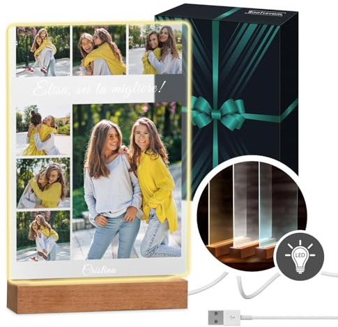 Maverton Cornice LED luminosa con supporto in legno - Quadro in vetro acrilico personalizzato con collage di foto - Lampada con foto per donna per il compleanno - Amica - XL - 21x32x4,5cm