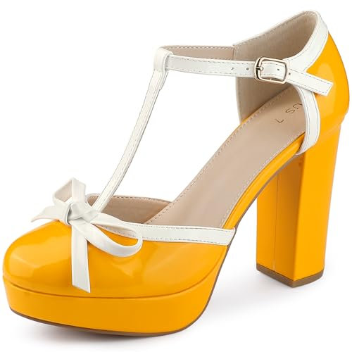 Allegra K Women's Platform Bow T Strap Chunky Heels Pumps Yellow 4 UK/Label Size 6 US