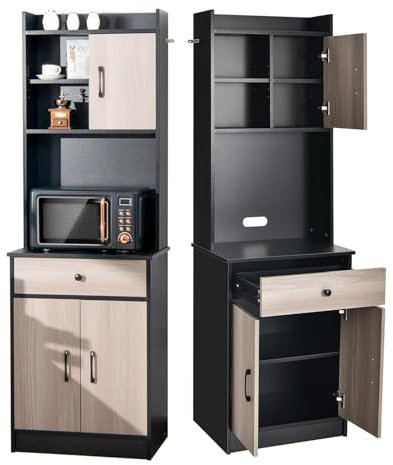 KOMFOTTEU Buffetschrank Hochschrank Holz, Aufbewahrungsschrank mit 3 Türen, Schublade & verstellbarem Regal, Küchenschrank mit Kabellöchern, Vitrinenschrank für Wohnzimmer 60x40x180cm (Dunkelschwarz)