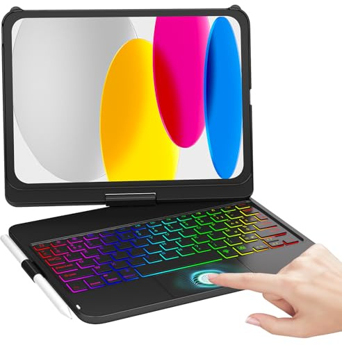 MMK Clavier pour iPad 11/10ème Génération (11 Pouces A16 2025/10.9 Pouces 2022), Èclairage Coloré à 7 Couleurs & Réveil/Veille Automatique, Smart Trackpad avec Porte-Stylet, Clavier Français AZERTY