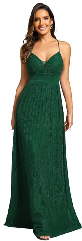 Ever-Pretty Vestido de Fiesta Largo de Noche Honda Pliegues Sin Mangas Cuello en V Brillante Corte Imperio Verde Oscuro 42