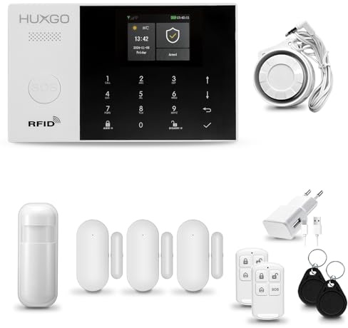 HUXGO® HXA005 Funk Alarmanlage Set WiFi + GSM mit Sirene | Alarm System mit Bewegungsmelder, 3X Tür- Fenstersensor, Fernbedienung | Wohnmobil Alarmanlage | Alexa Google Home