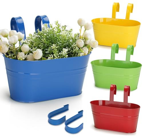 KINGLAKE 4Pcs Metal Hanging Plant Pots, 27cm Coloured Fence Hanging Planters Flower Pots Holder Large Balcony Planters for Railing Outdoor Garden Home Décor with Detachable Hooks (Multicolor