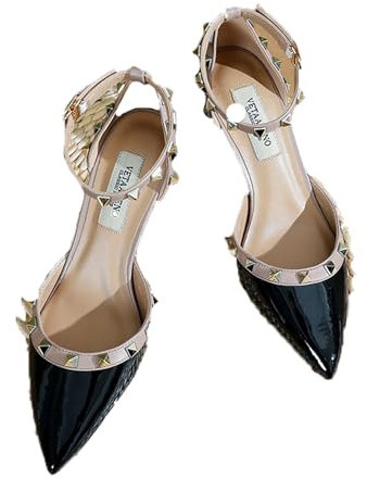 FamMe Womens Stiletto High Heels Pointed Closed Toe studded Strappy Heels Rivet Ankle Strap Pumps Wedding Bridal Party Dress Shoes,Black,35