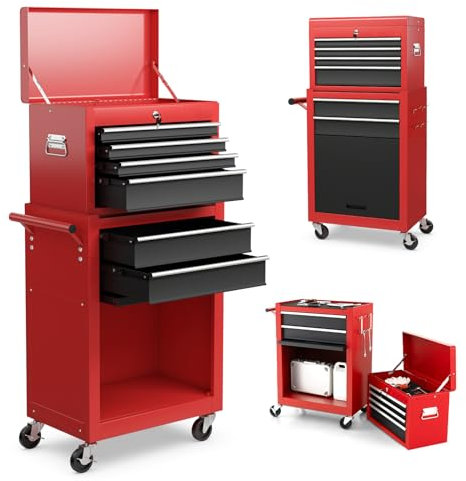 HOMFME Roller Tool Cabinet, 2 in 1 Tool Storage Chest with Removable Top Cabinet, Lockable Wheels, Handle, 2 Keys, 4 Hooks and 6 Drawers, Lockable Tool Trolley Cart for Workshop Garage (Black+Red)