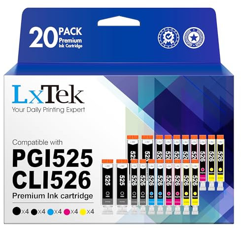 LxTek PGI-525 CLI-526 Tintenpatrone PGI525 CLI526 Druckerpatronen Kompatibel für Canon 526 525 für Canon MG5350 Druckerpatronen für Canon PIXMA MG5150 MG5250 IP4850 IP4950 IX6550 MX885 (20er-Pack)