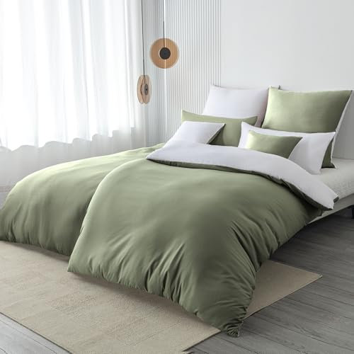 Nesture Bettwäsche 135x200 4teilig Salbeigrün/Weiß Bettwäsche Sets Microfaser Wendebettwäsche 135 x 200 4tlg, weich & bügelfrei Bettbezug 2er + Kissenbezug 2er 80x80cm mit Reißverschluss