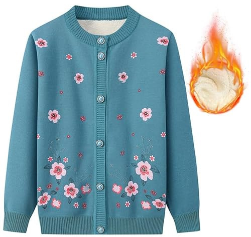 BPKKLLSU Cárdigan de Punto para Personas de Mediana Edad Y Mayores, Cuello Redondo, Forro Polar Grueso, Ropa de Abuela, Cárdigan con Estampado Floral, Ropa de Madre, Suéter Cálido, Abrigo, Chaquet