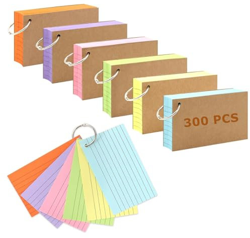 Karteikarten,300 Stück Linierte Karteikarten Lernkarten mit Metallring 7,6 x 12,7cm Index Cards Kraftpapier Notizblöcke Karteikarten A6 Liniert für Zuhause,Büro,Arbeit,Schule 6 Farben