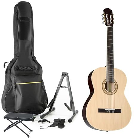 Almeria Konzertgitarren Set, 4/4 Gitarre mit Zubehör, Hochglanz Finish, Selected Hardwood Hals, Composite Griffbrett, 19 Bünde, Gold Hardware