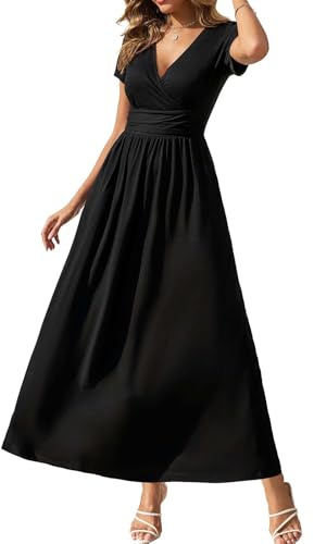 Gracyoga 2025 Summer Casual Wrap Dresses Flowy Elegant Evening Empire Waist Dress Black Short Sleeve Elegant V Neck Fall Outfits M