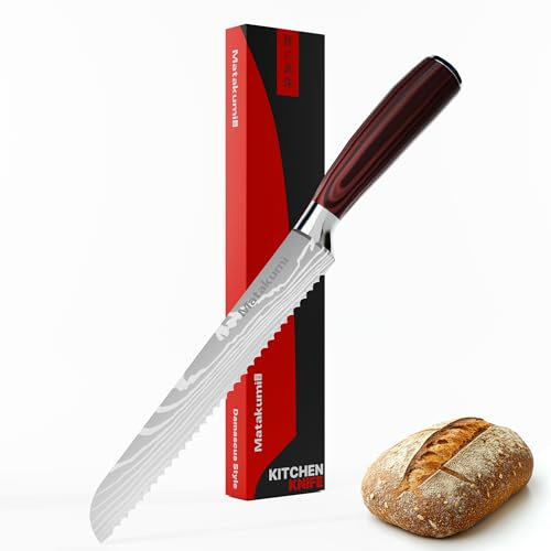 Matakumi Coltello da Pane 20 cm Lama Seghettata - Coltello da Cucina Extra Affilato in Acciaio Inossidabile - Coltello per Pane - Coltello da Pane in Stile Damascato - Coltello da Cucina per Affettare