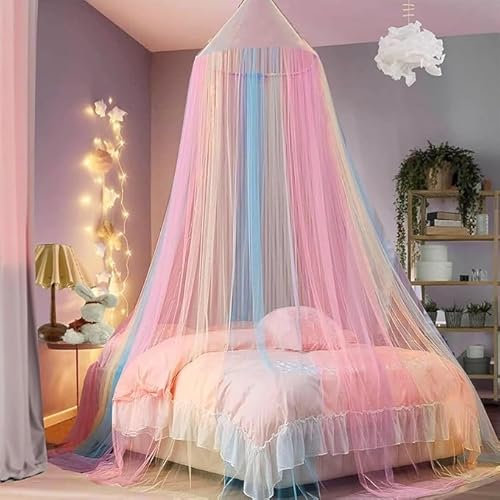 Funmo Betthimmel für Mädchen, Regenbogen Moskitonetz Himmel, bunt, （60 * 250 * 1200cm） Moskitonetz für Bett,Anti-Mosquito-Bed Canopy, Bettnetz zum Aufhängen für Camping, Haus, Garten
