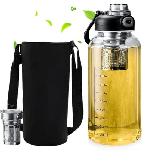 Gourde en verre 1L, Bouteille D'eau En Verre Borosilicate Avec Filtre, 1L Bouteille À Thé Avec Passoire, Bouchon anti-fuite, Deux Options de Boisson, pour les amateurs de thé l'extérieur le fitness