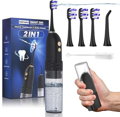 Electric Toothbrush with Water flosser, 2 in 1 Teeth Cleaning Kit, Toothbrush and Water flosser Combo, 25 - Day Battery, Travel Toothbrush with Water Bottle(Black)