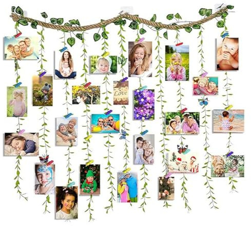 Pared de Fotos Colgante,Marco de Collage con Cuerda de Cáñamo, 100 x 90 cm
