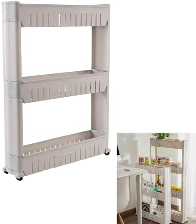 Tielag Scaffale per nicchia a 5 livelli, carrello da cucina con ruote, 12 x 54 x 133 cm, salvaspazio, in plastica, per cucina, bagno, ufficio, camera da letto, grigio