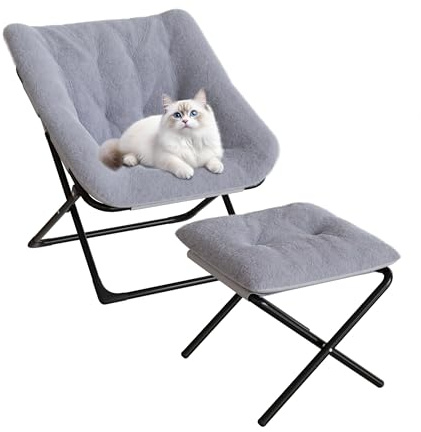 AffinityFurn Plush Saucer Chair with Ottoman, Comfy Reading Chair, Foldable Faux Fur Lounge Set, Accent Chair for Bedroom Living Room, Easy Storage Furniture for Small Spaces, Grey