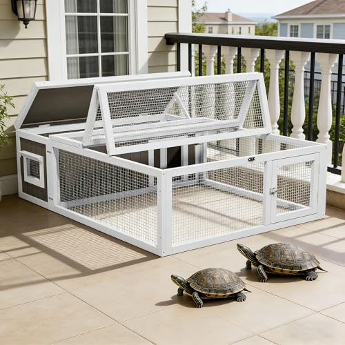 Large Tortoise Hidden Habitat Enclosure Wooden Turtle House Indoor Outdoor with Asphalt Roof & Ventilating Wire Fence for Small Animals Outside Garden Backyard (White1)