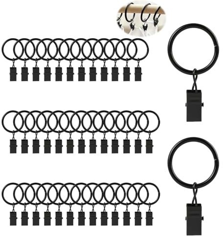 Paquete de 40 Anillos de Cortina Metálicos con Ganchos y Pinzas, Color Negro, para Cortinas de Cocina, Baño, Sala de Estar y Más, Diseño Elegante y Duradero, Fácil Instalación y Deslizamiento Suave