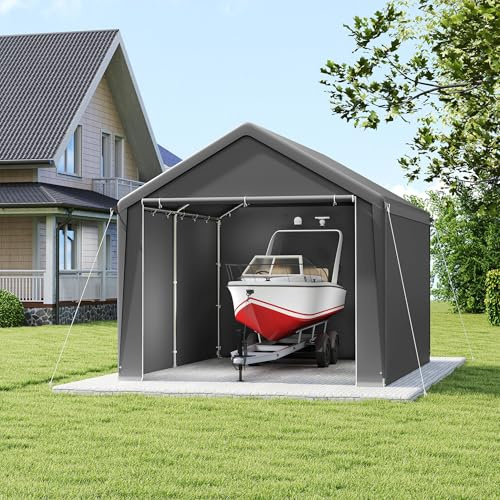 PEILU 3 x 4 m carport för utomhusbruk, tältgarage av PE-duk & metallram, fristående lusthus, väderbeständigt garagetält, 12 m² biltält för bilar, båtar, verktyg, trädgårdsredskap (grå)
