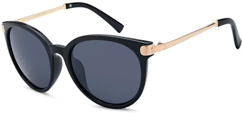 styleBREAKER Damen Sonnenbrille in Katzenaugen Cat-Eye Form, Kunststoff Vollrand Gestell und Metall Bügel 09020073, Farbe:Gestell Schwarz-Gold/Glas Grau getönt
