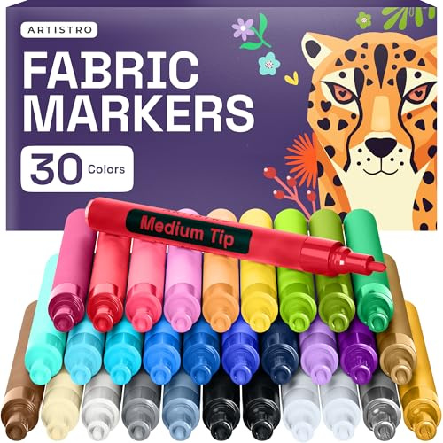 Artistro Pennarelli Acrilici a Punta Media (2 mm), 30 Pennarelli per Tessuti, Legno, Vetro, Ceramica, Sassi, Carta, Cartoncino. 28 Colori Assortiti + 1 Nero e 1 Bianco