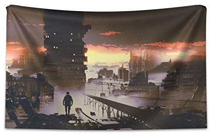 ABAKUHAUS Fantasy Tapestry, Science Fiction Abandoned City with Robot Walking Futuristic Digital Graphic, Fabric Wall Hanging Decor for Bedroom Living Room Dorm, 90 W X 54 L, Dark Taupe Salmon