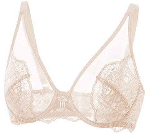 DOBREVA Women's Lace See Through Bra Front Closure Unlined Underwire Plus Size Minimizer Beige 36F