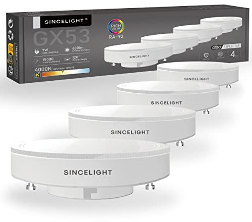 SINCELIGHT GX53 LED-Diffusor Reflektorlampe Leuchtmittel, mit GX53-Sockel, nicht dimmbar, 7W, Neutralweiß - 4000 Kelvin, 600lm, 4er-Pack