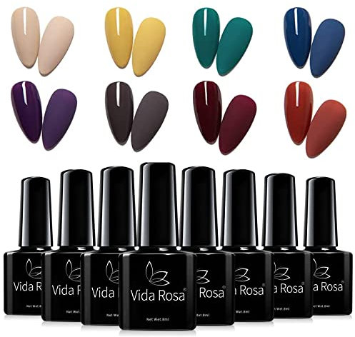 Gel Nail Polish Set Winter Autumn Morandi Colors Semi-permanent UV LED Gel Nail Lacquer 8 Colors Nail Art Kit for Manicure Pedicure Salon, Beige Yellow Green Blue Purple Brown Red