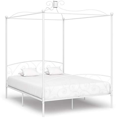 Gecheer Struttura Letto Matrimoniale a Baldacchino in Metallo Bianco Con Doghe 180x200 cm, Giroletto Con Tetto, Bianco