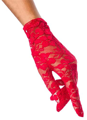 MoreChioce 1 Paar Damen Handschuhe Spitze, Hochzeitshandschuhe Kurz Spitzenhandschuhe UV Schutz Netzhandschuhe Abendhandschuhe für Hochzeit Halloween Party,Rot