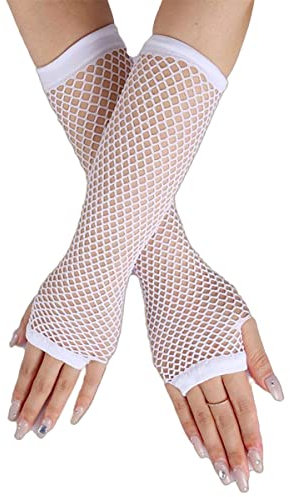 SamHeng Lange Netzhandschuhe, Weiß Fingerlose Armstulpen, Mesh-Handschuhe, Punk-Accessoire für Frauen, Mädchen, Kinder, 80er-Jahre-Kostüm, Abendparty-Zubehör