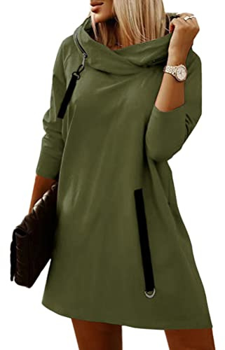 ORANDESIGNE Robe Pull Courte Femme Hiver Chic Sweat À Capuche Zippé Hoodie Sweatshirt Robe Tunique Manche Longue Hoody Hooded Sweat Vert Militaire XXL