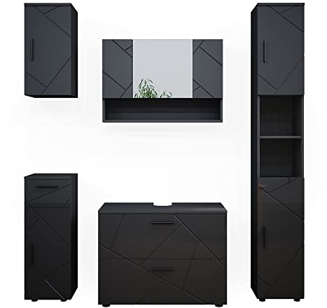 Vicco Meubles Bain Irma, Anthracite Haute Brillance, 80 cm, composé d’Un Meuble sous-lavabo, Armoire Miroir, Colonne, Demi-Colonne et Meuble Haut