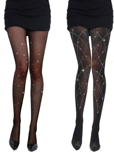 EUPSIIU 2 Pcs Collant Paillette Femme,Scintillait Haute Taille Collants Brillant Strass Noir Résille Stockage Cristal Fête Collants Résille, pour les Fêtes, les Bals,Halloween (Noir)