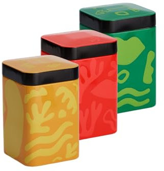 MediMuc Dose Opera je 100g - 3er Set - Bunt mit modernen Mustern aufwendig lackiert, festschließender Deckel - Tee- Kaffeedose L/B/H 7,0 x 7,0 x 10,9cm Vol. ca.530ml