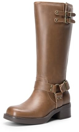 DREAM PAIRS Women's Knee High Boots Side Zipper Motorcycle Boots Square Toe Chunky Low Heel Fashion Buckles Biker Riding Boots,Size 6,Tan-Pu,SDKB2412W