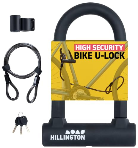 Hillington Bike Lock - 16mm Heavy Duty Steel U-Lock Shackle Bicycle Lock with Cable & Keys - Bike Locks High Security Anti Theft for Mountain, Road, Electric, Folding Bikes & Scooters