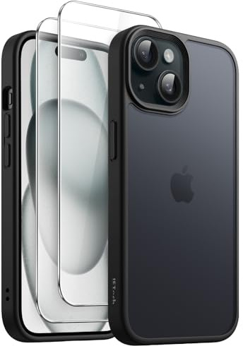 JETech 3 in 1 Matte Case for iPhone 15, Black | 2 Tempered Glass Screen Protectors, Translucent Frosted Phone Cover