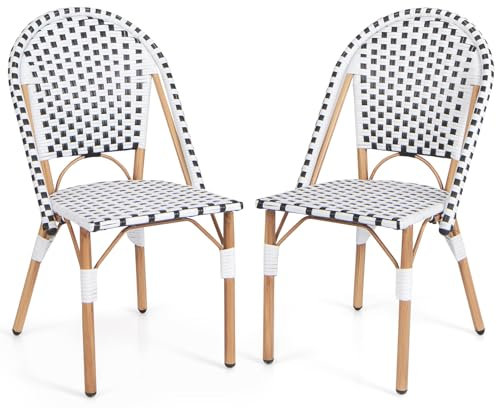 COSTWAY 2 Silla Comedor con Ratán Tejido a Mano, Silla Cocina, Marco de Metal, Silla Nordica Jardin Terraza Interior Exterior, Negro y Blanco, Carga 150kg, 56,5 x 41 x 88,5 cm