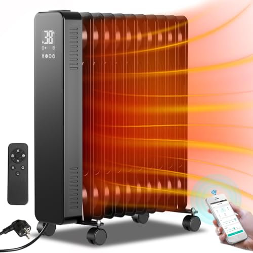 Fiqops radiador de aceite 2500W, radiador de aceite ahorro de energía, con 11 costillas 3 niveles de calefacción, termostato, WiFi app & mando a distancia, pantalla digital, negro