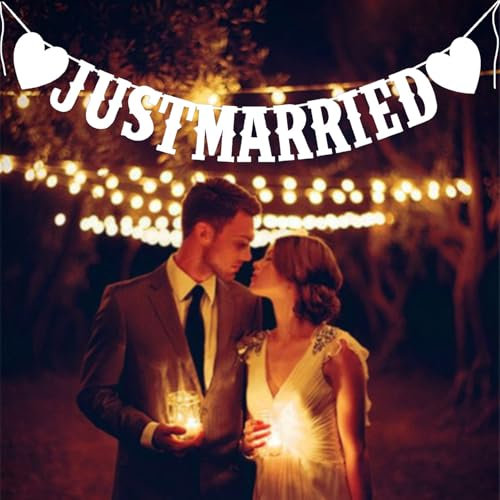 Just Married Decoracion, Banner de corazó, para Wedding Decoration, Accessorios Divertidos de Boda, Blanco