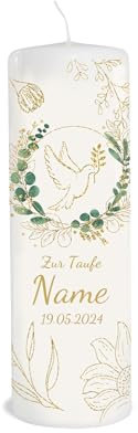 Candela battesimo personalizzata con nome e numero come decorazione da tavolo, decorazione da tavolo, battesimo come regalo amorevole candela piccione candela eucalipto durata 55 ore, diametro 7,8 x