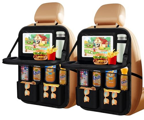 CaiTang Auto Organizer, 2 Stück Autositz Organizer Große Rückenlehnenschutz Auto Kinder Multifunktional Wasserdicht Rücksitz Organizer mit Klapptisch, Tablet Tasche und Viele Taschen-Schwarz (Schwarz)