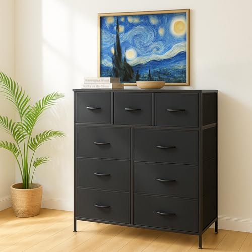 DUMOS Kommode mit Schubladen - Kommoden & Sideboards für Schlafzimmer Geeignet, Komodenschrank mit 9 Schubladen, Stoffkommode mit Stabilem Stahlrahmen, Ideal für Schlafzimmer, Wohnzimmer (Schwarz)