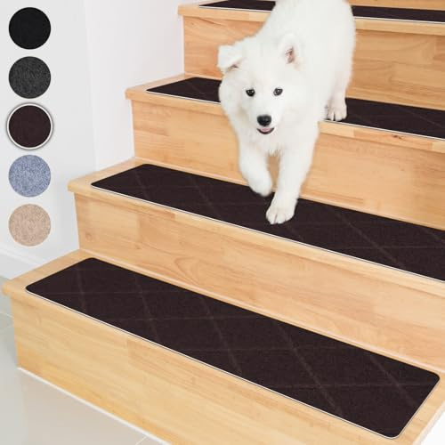 Homwiz Tapis d'Escalier Antidérapant, Lot de 15 Marchettes d'Escalier Autocollantes Intérieur, Moquette Escalier Réutilisable Découper pour Protéger Animaux, Seniors, Enfants (Marron Foncé, 55x19 cm)